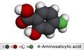 4-Aminosalicylic acid, para-aminosalicylic acid or PAS molecule. It is antibiotic used to treat tuberculosis. Molecular model