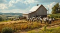 Amish barn raising ceremony depicting community members coming together to construct a new barn using traditional techniques and