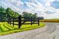 Amish country field agriculture, beautiful brown wooden fence, farm, barn in Lancaster, PA US Royalty Free Stock Photo