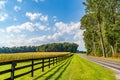 Amish country field agriculture, beautiful brown wooden fence, farm, barn in Lancaster, PA US