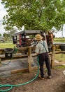 Amish Country, Lancaster PA US - September 4 2019, Amish man caring for a horse