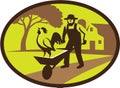 Amish Farmer Rooster Wheelbarrow Farm Oval Retro