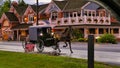 Amish Horse and Buggy passing Stores on a Country Road