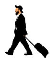 Amish man in suite illustration. Jewish businessman. Tourist man traveler walking with rolling suitcase isolated