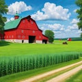 Amish Red barn and green tourism in a summer for a greeting Painting in acrylic art A work of Royalty Free Stock Photo