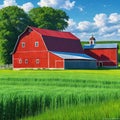 Amish Red barn and green tourism in a summer for a greeting Painting in acrylic art A work of