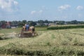 Amish women working in field harvests hay on summer afternoon