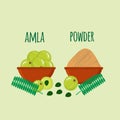 Amla set, indian gooseberry, powder, leaves isolated on white background. Ayurvedic plant. Vector cartoon illustration.