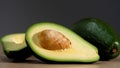 Whole natural green avocado lies on the table next to the cut avocado halves with a whole seed. Royalty Free Stock Photo