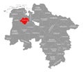 Ammerland county red highlighted in map of Lower Saxony Germany Royalty Free Stock Photo