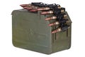 Ammo box with ammunition belt and 12.7mm cartridges for heavy machine gun Royalty Free Stock Photo