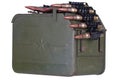 Ammo box with ammunition belt and 12.7mm cartridges for heavy machine gun Royalty Free Stock Photo