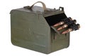 Ammo box with ammunition belt and 12.7mm cartridges for heavy machine gun DSHK used by the former Soviet Union isolated on white