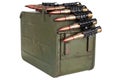 Ammo box with ammunition belt and 12.7mm cartridges for heavy machine gun DSHK used by the former Soviet Union isolated on white Royalty Free Stock Photo