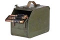 Ammo box with ammunition belt and 12.7mm cartridges for heavy machine gun DSHK used by the former Soviet Union isolated on white Royalty Free Stock Photo