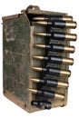 Ammo box with ammunition belt and 14.5mm cartridges for a 14.5mm KPV heavy machine gun used by the former Soviet Union isolated on Royalty Free Stock Photo