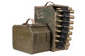 Ammo box with ammunition belt and 14.5mm cartridges for a 14.5mm KPVT heavy machine gun used by the former Soviet Union isolated Royalty Free Stock Photo