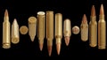 ammo pack of pistol 9mm bullet various angle on black background.