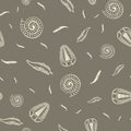 Ammonite trilobite fern vector seamless pattern background. Hand drawn spiral-form shell cephalopod and arthropod ribbed