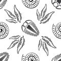 Ammonite trilobite fern vector seamless pattern background. Hand drawn spiral-form shell cephalopod and arthropod ribbed