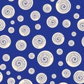 Ammonite vector seamless pattern background. Hand drawn ribbed spiral-form shell cephalopod fossil. Blue white backdrop Royalty Free Stock Photo