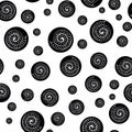 Ammonite vector seamless pattern background. Hand drawn ribbed spiral-form shell cephalopod fossil. Monochrome backdrop