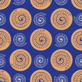 Ammonite vector seamless pattern background. Hand drawn ribbed spiral-form shell cephalopod fossil. Neon color backdrop