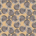 Ammonites on a beige background. Seamless pattern for design of clothes, printing on wrapping paper.