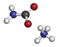 Ammonium carbamate, chemical structure. 3D rendering. Atoms are represented as spheres with conventional color coding: hydrogen .