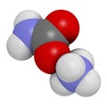 Ammonium carbamate, chemical structure. 3D rendering. Atoms are represented as spheres with conventional color coding: hydrogen (