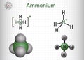 Ammonium cation, azanium molecule. It is positively charged polyatomic ion. Structural chemical formula and molecule model. Sheet