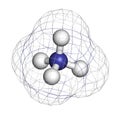 Ammonium cation. Protonated form of ammonia. 3D rendering. Atoms are represented as spheres with conventional color coding: