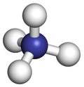 Ammonium cation. Protonated form of ammonia. 3D rendering. Atoms are represented as spheres with conventional color coding: