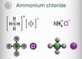 Ammonium chloride, NH4Cl molecule. It is inorganic compound, food supplement E510, used as fertilizer, flavouring agent.