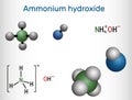 Ammonium hydroxide, ammonia solution, NH4OH molecule. Structural chemical formula and molecule model Royalty Free Stock Photo