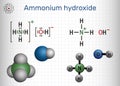 Ammonium hydroxide, ammonia solution, NH4OH molecule. Structural chemical formula and molecule model. Sheet of paper in a cage Royalty Free Stock Photo