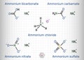 Ammonium salts: ammonium bicarbonate, ammonium carbamate, ammonium sulfate, ammonium nitrate, ammonium chloride molecule. Skeletal