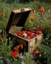 An ammunition box buried half in the ground a bouquet of poppies spilling out of its open lid. Abandoned landscape. AI Royalty Free Stock Photo