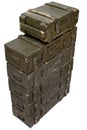 Ammunition stack of green crates. Text in russian - type of ammunition, projectile caliber, projectile type, number of pieces and Royalty Free Stock Photo
