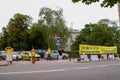 Amnesty International demonstration in front of the Warsaw Senate in Polgne to defend the practice of Falun Dafa Royalty Free Stock Photo