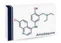 Amodiaquine, ADQ molecule. Skeletal chemical formula. Paper packaging for drugs.