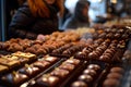 Amongst a display of gourmet chocolates, a woman with a sweet tooth marvels at the artistry of each handcrafted treat. Royalty Free Stock Photo