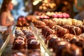 Amongst a display of gourmet chocolates, a woman with a sweet tooth marvels at the artistry of each handcrafted treat. Royalty Free Stock Photo