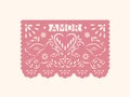 Amor papel picado, Mexico paper flag with perforated pattern of doves birds in love, heart. Traditional folk banner for