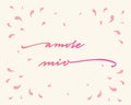 Amore mio Happy Valentine`s Day Hand Lettering - Typographical Background Set with ornaments, hearts, ribbon, angel and Royalty Free Stock Photo