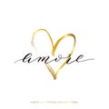 Amore text with gold heart isolated