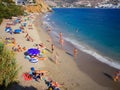 Amorgos, Greece-August 2,2017.A higher view of the beautiful beach of Psili Ammos, with crystal clear filled with tourists