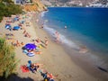 Amorgos, Greece-August 2,2017.A higher view of the beautiful beach of Psili Ammos, with crystal clear filled with tourists