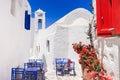 Amorgos island, Greece, beautiful traditional greek street with flowers. Royalty Free Stock Photo