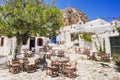 Amorgos island, Greece, beautiful traditional greek street with flowers.